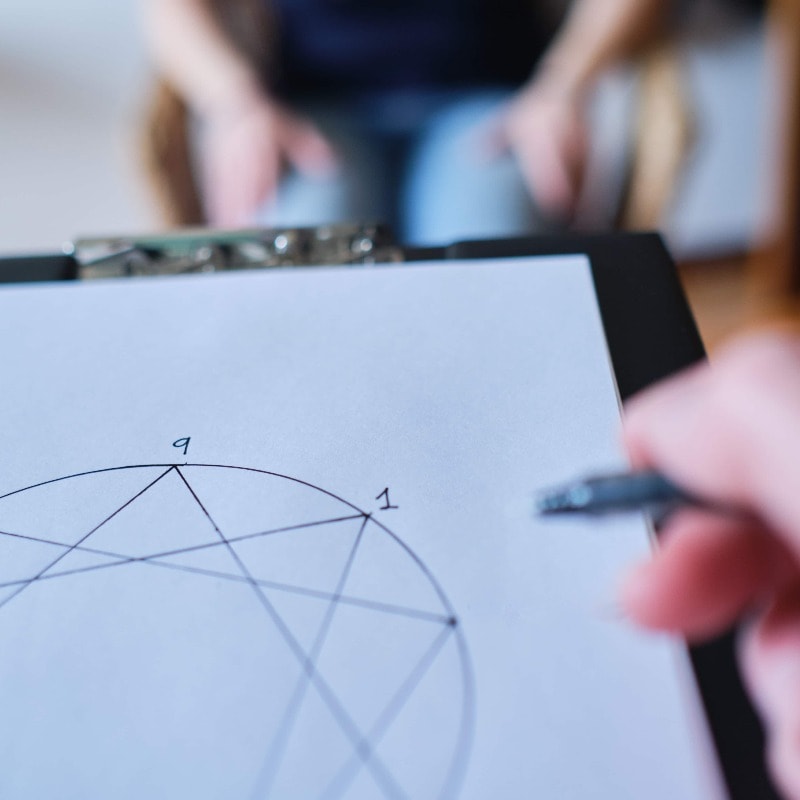 Close-up of therapist hand writing notes during a counseling session with a single woman sitting on a couch in the blurred background.enneagram of personality - nine distinct types