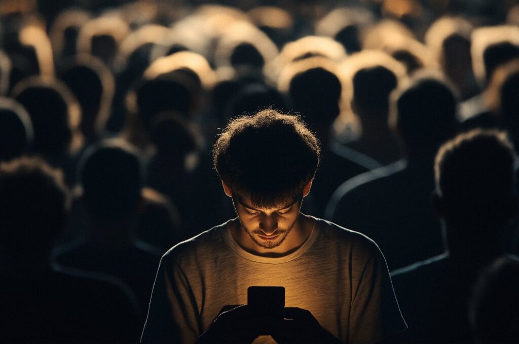 Verloren in der Menge: Eine einsame Figur, gebadet im Schein ihres Smartphones, steht inmitten eines Meeres von anonymen Gesichtern. Ein ergreifendes Porträt der digitalen Verbindung in einer Welt der Isolation.